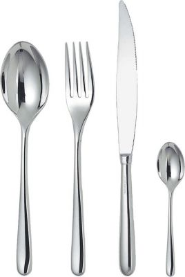 Nahaufnahme des Alessi Caccia Bestecksets mit Messer, Gabel, großem und kleinem Löffel.